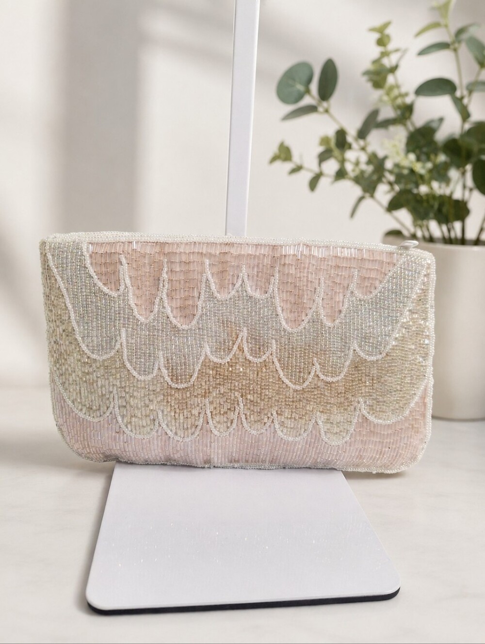 Lord & Taylor Vintage Pink Iridescent Beaded Evening Clutch Bag
